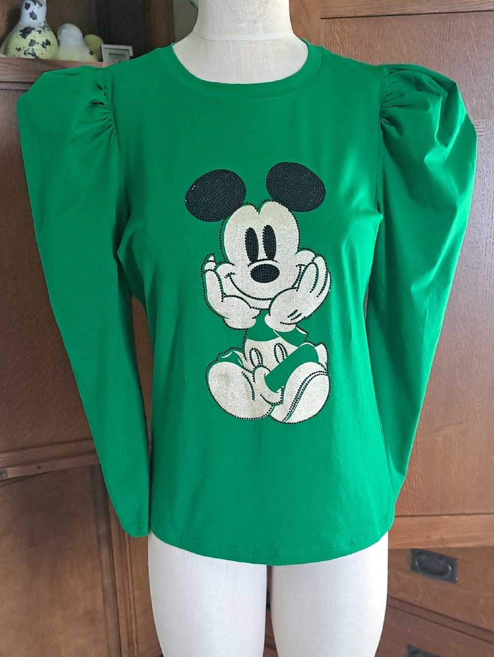 Kano Vilsi Disney Mickey Mouse Rhinestone Puff Sleeve Top Green Gold Small NWT